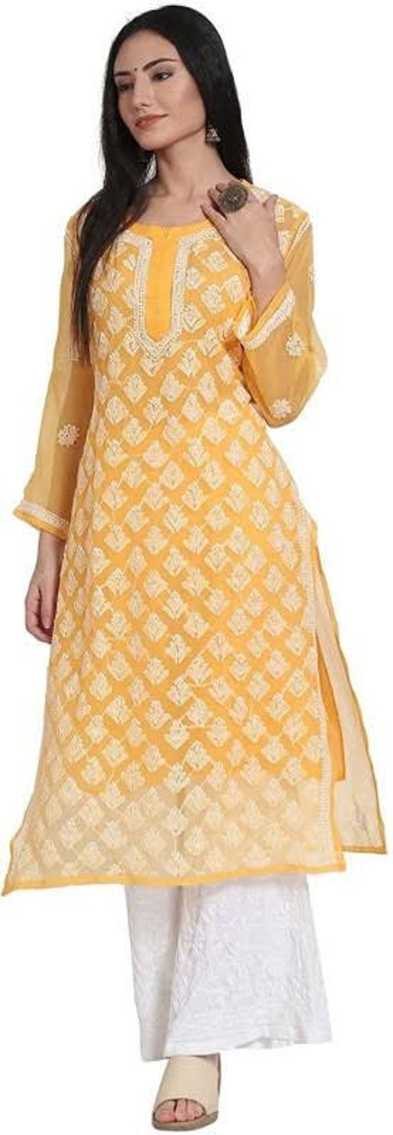 Yellow Leheriya Straight Kurti with Straight Pants and Dual Color Chif –  anokherang