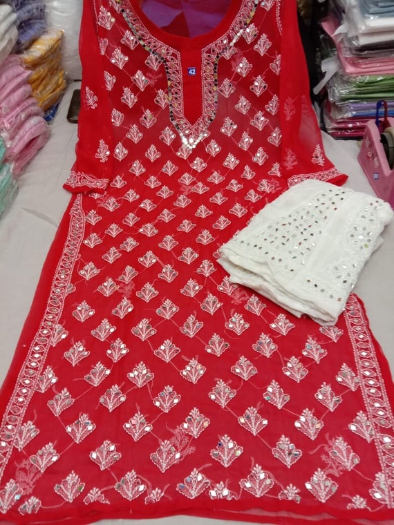 PK Fashions Red Floral Embroidered Mirror Work Mirror Work Kurti -  Absolutely Desi