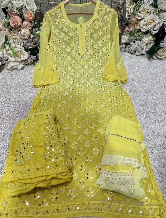 Buy Lucknowi Chikankari Mirror Work Kurti for Women Girls Casual Kurti  (Small) Yellow at Amazon.in