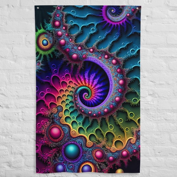 Multicolored Abstract Fractal AI Generated Art Design Banner Tapestry Flag, Digital Fractal Artwork