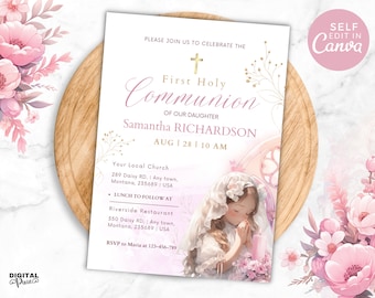 Invito alla festa della prima comunione modificabile, invito per il giorno della prima comunione della ragazza stampabile, modello Canva per invito alla comunione rosa femminile