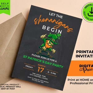 Editable St Patrick&#39;s Day Party Invitation, Printable St. Patrick&#39;s Day Invite, Leprechaun Invitation, Canva Template, Print at Home Invite