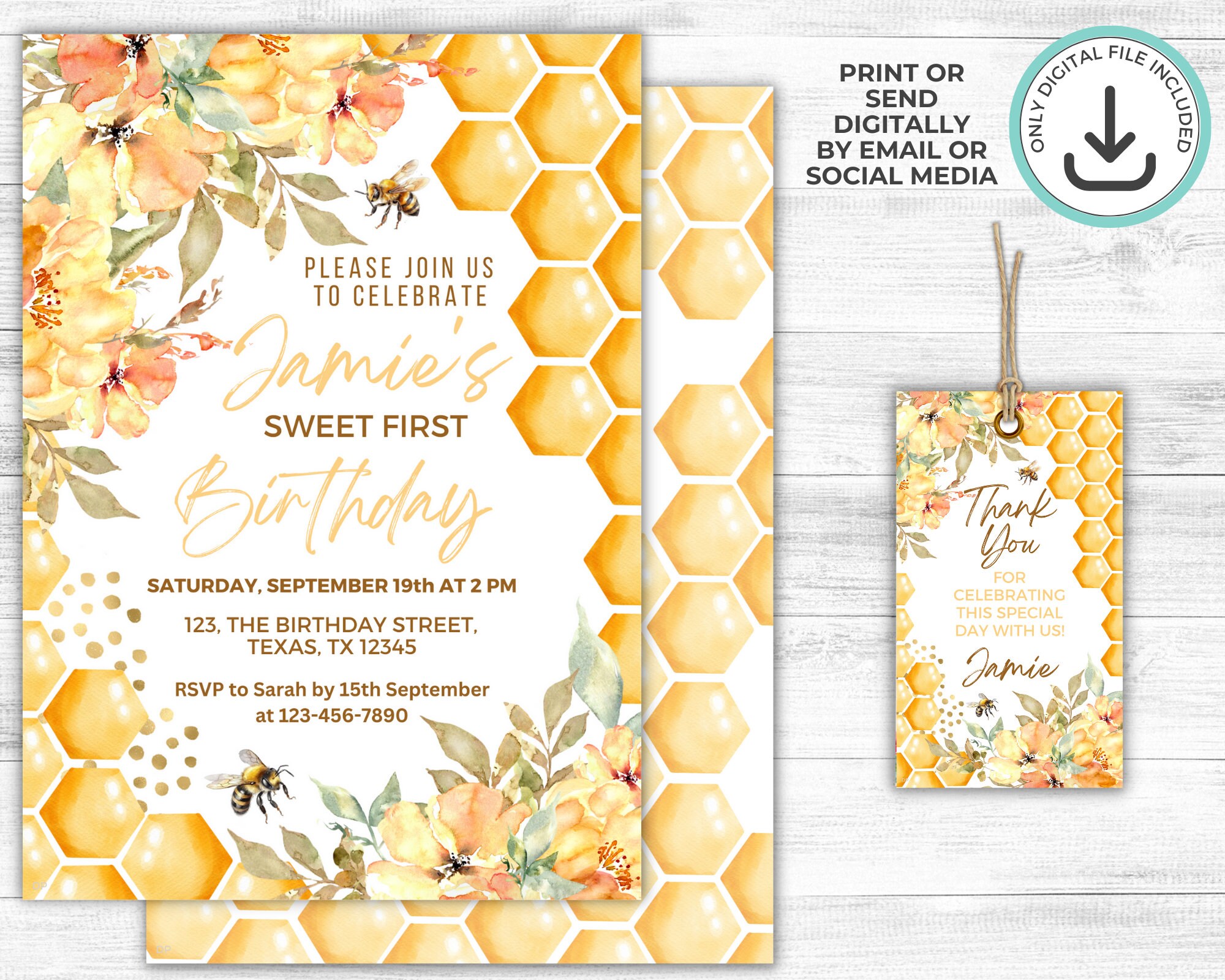 Editable Honey Bee Birthday Party Invitation Set, Printable Birthday ...