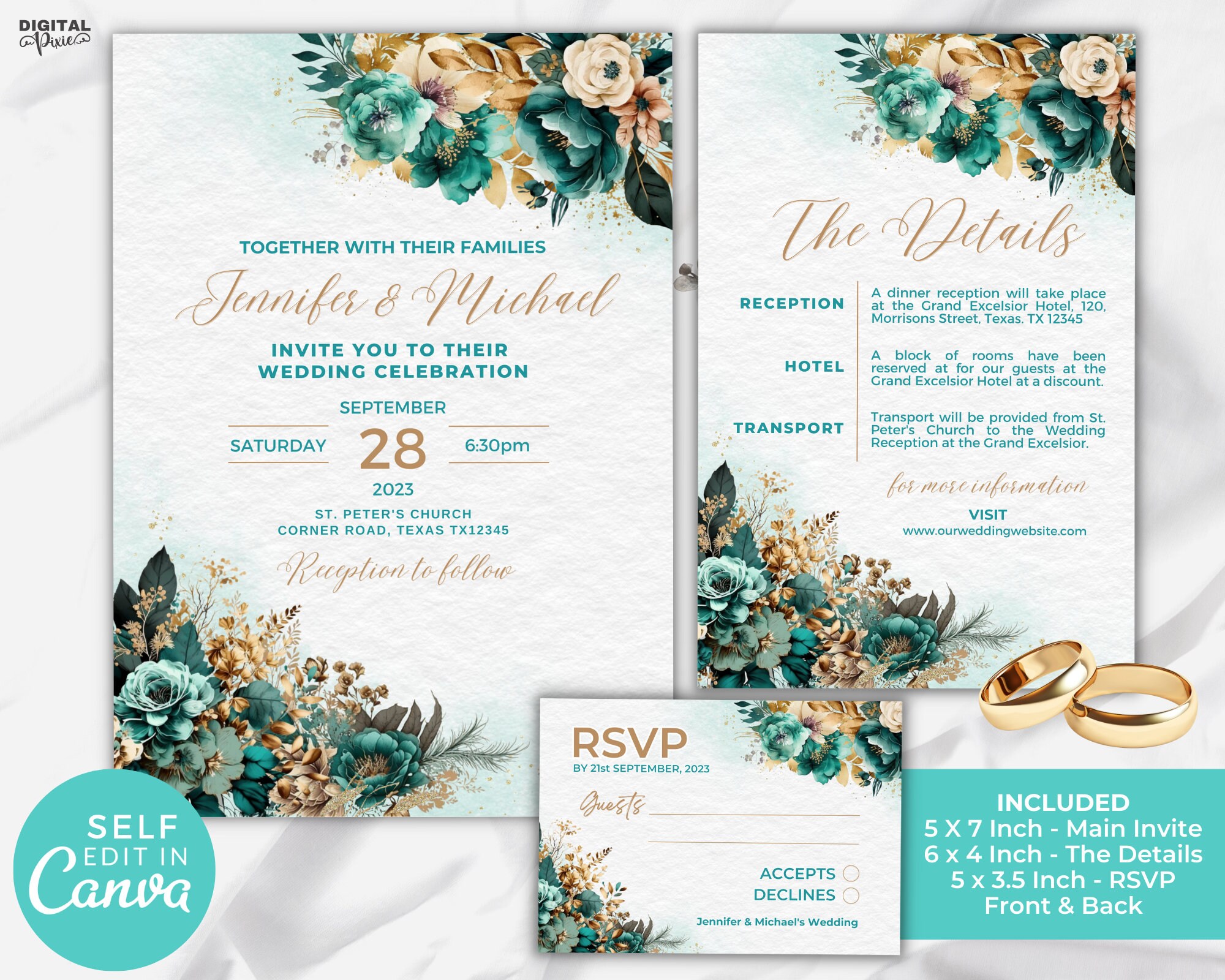 Printable Wedding Invitation Set, Editable Wedding Invite, Wedding ...