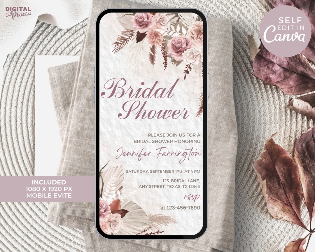 Digital Bridal Shower Invitation, Electronic Boho Bridal Shower Invite