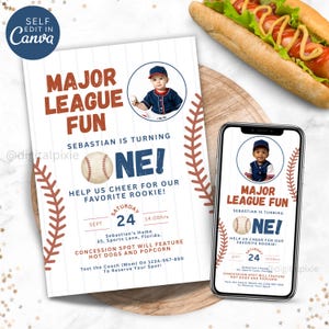 Baseball First Birthday Invitation Boy, Rookie Year Party Invite, Editable Sports Birthday Template, Canva Instant Download, 1st Birthday