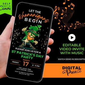 Bearbeitbare St. Patrick&#39;s Day Einladung, Erwachsene irische Party einladen mit Musik, Kobold Evite - Canva Vorlage, Paddy&#39;s Day Video Phone Evite