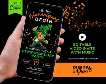Editable St Patrick's Day Party Invitation with Music, Leprechaun Digital Video Phone Evite, Canva Template, Instant Download