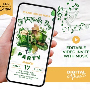 Editable St Patrick's Day Invitation, Adult Irish Party Invite with Music, Green Beer, Green Hat Evite - Canva Template, Video Phone Evite