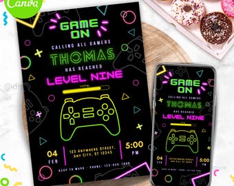 Faire-part d'anniversaire modifiable pour joueur au néon, invitation d'enfants à une fête de jeu vidéo, thème de jeu de niveau supérieur, modèle de toile, téléchargement immédiat
