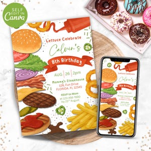 Editable Burger Birthday Party Invitation, Canva Template, Burger Birthday Invitation, Burger Invitation, Snack Party, Birthday Burger Evite