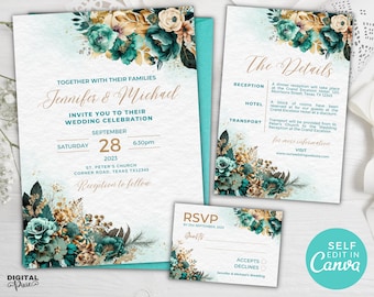 Printable Wedding Invitation Set, Editable Wedding Invite, Wedding Details, Wedding RSVP, Canva Template, Customizable Wedding Teal Flowers