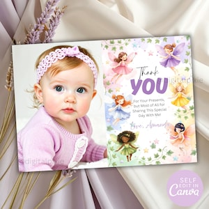 EDITABLE Fairy First Thank You Card Template, Fairies Party Theme Photo & Text Postcard, Canva Template 1st Birthday Party Thank You Card