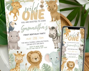 Editable Wild One Safari Birthday Invitation, Jungle Animal First Birthday Evite, Canva Template, Safari Animals Boy Girl 1st Birthday Party