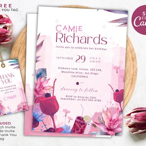 Editable Cocktail Birthday Party Invitation, Printable Cocktail Party Invite, Canva Template, Customizable Birthday Invite, Pink Invitation