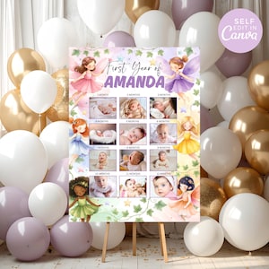 Modèle de tableau photo fée première année, affiche d'étape importante pour bébé de 12 mois, souvenir d'anniversaire fille modifiable, tableau souvenir mensuel, 1er anniversaire
