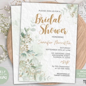 Editable Bridal Shower Invitation, Printable Bridal Shower Invite, Canva Template, Customizable Eucalyptus Bridal Shower Invite, Sage Green