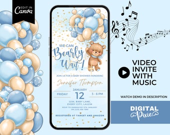 Invito video per baby shower con musica, palloncini blu e invito a tema orso per baby shower, modello Canva modificabile, invito telefonico, download immediato