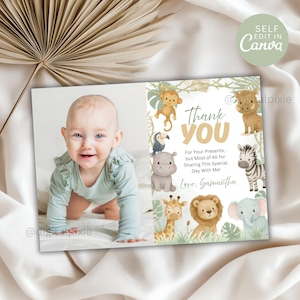 Carte de remerciement modifiable Wild One 1er anniversaire avec photo, modèle de toile Wild One, carte imprimable animaux de la jungle, 1er anniversaire de bébé Safari