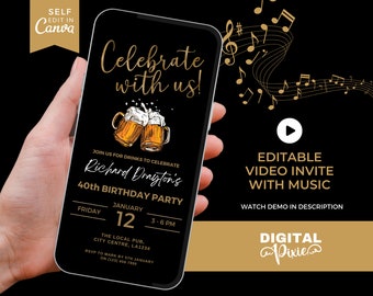 Electronic Male Birthday Party Invitation with Music, Birthday Invite, Beer, Editable Canva Template, Video Phone Evite, Editable Invitation