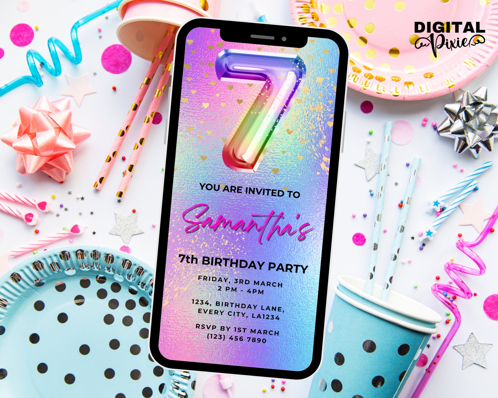Digital Kids Birthday Party Invitation With Music Iridescent 7th ...