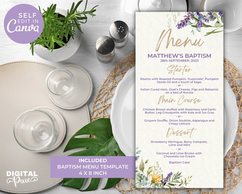 Editable Baptism Menu Card, Printable 4 X 8 Restaurant Menu Template