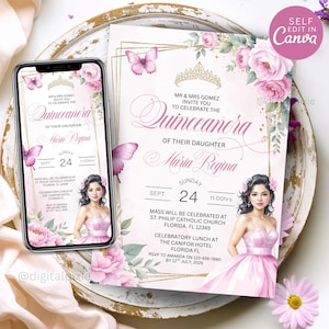 EDITABLE Quinceañera Invitation template, Pink Floral and Gold Tiara 15th Birthday Party Invite Template, Mis Quince Anos, Canva Template