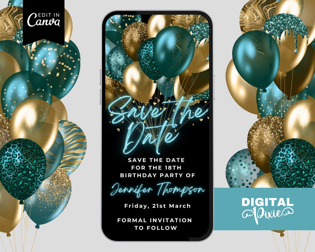 Digital Teal Balloons Save the Date Invitation, Electronic 18th Digital Teal Balloons Save the Date Invitation, Electronic 18th