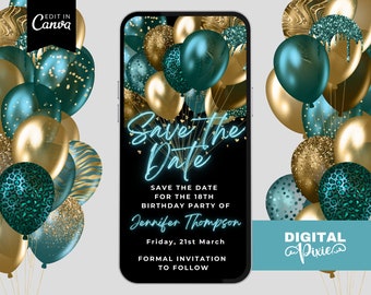 Digitale Türkis Ballons Save the Date Einladung, elektronische Einladung zum 18.