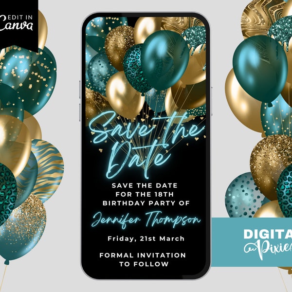 Digital Teal Balloons Save the Date Invitation, Electronic 18th Birthday Invite, Editable Canva Template, Phone Evite, Instant Download