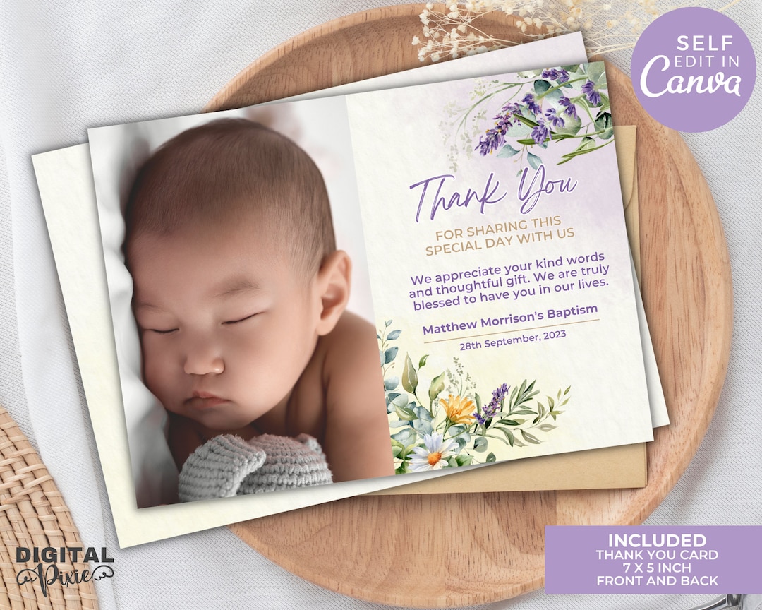 Editable Baptism Thank You Card With Photo, Printable Thank You Card