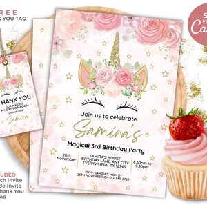 Editable Unicorn Invitation, Printable Kids Birthday Party Invite, Canva Template, Pink, Thank You Tag, Party Favor Tag, Unicorn Party Theme