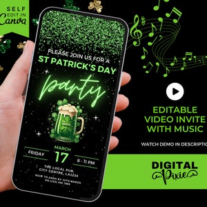 Editable St Patrick's Day Invitation, Adult Irish Party Invite with Music, Green Beer Evite - Canva Template, Paddy's Day Video Phone Evite