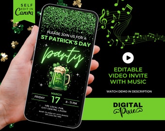 Invito modificabile per il giorno di San Patrizio, Invito per una festa irlandese per adulti con musica, Evite per birra verde - Modello Canva, Evite per videotelefono per il giorno di Paddy