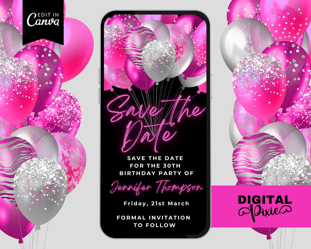 Digital Pink Balloons Save the Date Invitation, Electronic Birthday Digital Pink Balloons Save the Date Invitation, Electronic Birthday