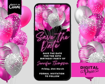 Digital Pink Balloons Save the Date Invitation, Electronic Birthday Save the Date, Editable Canva Template, Phone Evite, Instant Download
