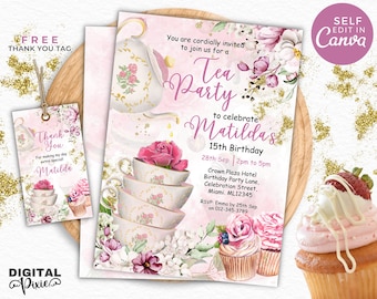 Editable Birthday Party Invitation, Printable Afternoon Tea Party Invite, Canva Template, Customizable Birthday Invite, Tea Party Invitation