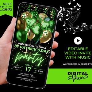 Editable St Patrick&#39;s Day Invitation, Adult Irish Party Invite with Music, Shamrock Evite - Canva Template, Green Balloons Video Phone Evite