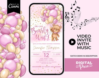 Invito video per baby shower con musica, palloncini rosa e invito con orsetto, modello Canva modificabile, invito telefonico, download immediato