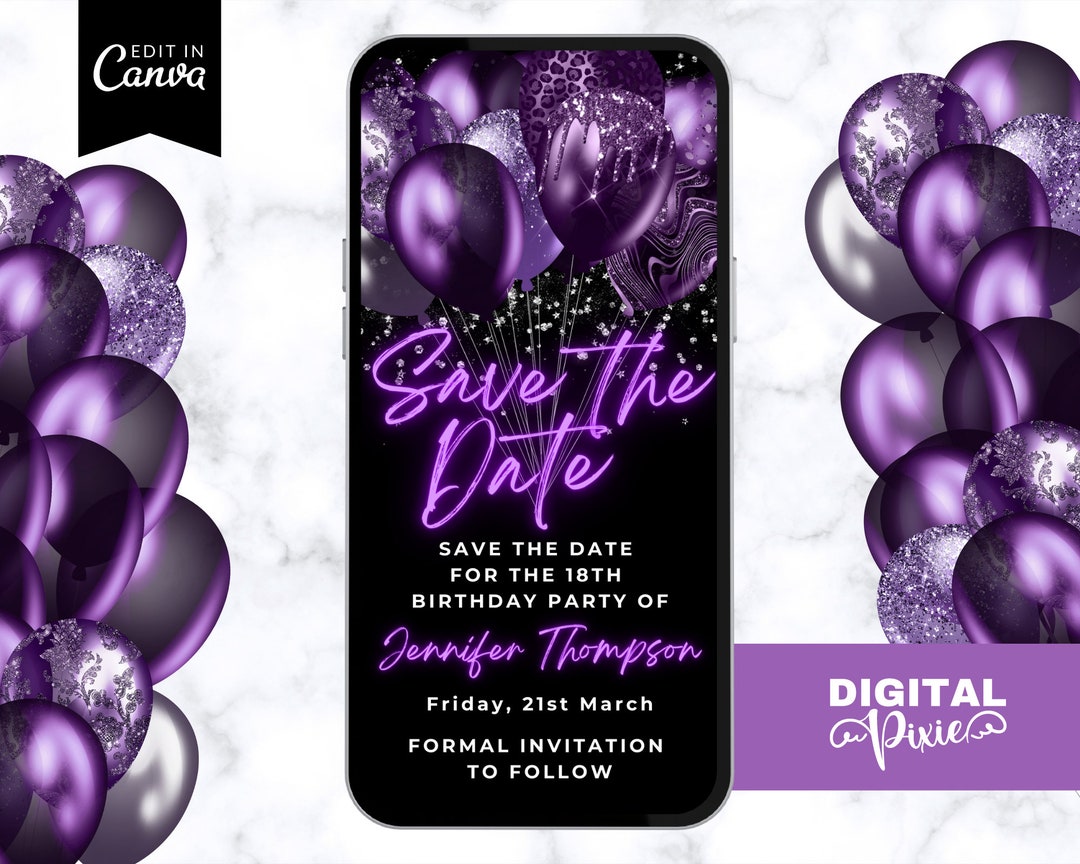 Digital Purple Balloons Save the Date Invitation, Electronic Birthday Digital Purple Balloons Save the Date Invitation, Electronic Birthday