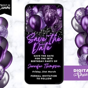 Digital Purple Balloons Save the Date Invitation, Electronic Birthday Party Invite, Editable Canva Template, Phone Evite, Instant Download