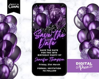 Digital Purple Balloons Save the Date Invitation, Electronic Birthday Party Invite, Editable Canva Template, Phone Evite, Instant Download