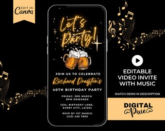 Electronic Male Birthday Party Invitation with Music - Birthday Invite - Beer, Editable Canva Template, Video Phone Evite, Instant Download