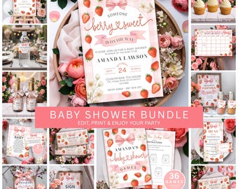 Editable Strawberry Baby Shower Bundle, Pink Girl Very Berry Party Invitation Games Signs Decor, Printable Canva Template, Instant Download