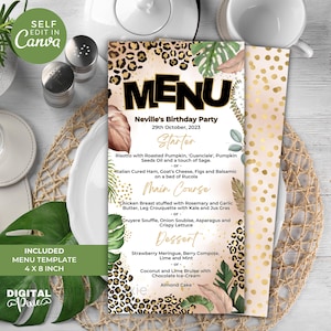 Tarjeta de menú de cumpleaños editable, plantilla de menú de restaurante imprimible de 4 x 8, tarjeta de menú de cena con temática de jungla, plantilla de Canva con estampado de leopardo para menú de almuerzo