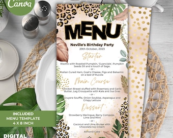 Menù di compleanno modificabile, modello di menù ristorante stampabile 4 x 8, menù per cena a tema giungla, modello leopardato Canva per menù pranzo