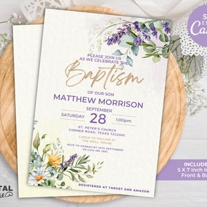 Editable Baptism Party Invitation, Printable Invite, Wild Flowers Baptism Invite, Canva Template, Customizable Baptism Ceremony Invitation