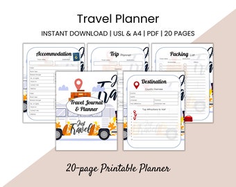 Planificador de viaje imprimible: itinerario, presupuesto y lista de equipaje (PDF tamaño A4/carta estadounidense)