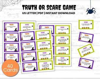 Puede incluir: Un juego temático de Halloween con 40 cartas, con preguntas de "Verdad o Miedo". Las cartas son de color púrpura y verde, con iconos de Halloween como sombreros de bruja, escobas y calabazas. Disponible como descarga instantánea en PDF.