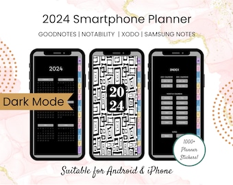 2024 Smartphone Digital Planner Dark Mode für Monats-, Tagesplaner mit Hyperlink | Goodnotes, Samsung Notes, Notability für Android und iPhone